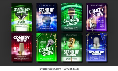 Colorful Collection Comedy Show Posters Set Vector. Microphones, Confetti, Multicolored Curtains Depicted And Calligraphy Font Text Info On Different Posters Of Humor Show. Realistic 3d Illustration