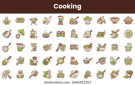 Uma coleção colorida de ícones de cozinha, mostrando várias ferramentas de cozinha e ingredientes em um design minimalista, perfeito para projetos culinários e receitas.