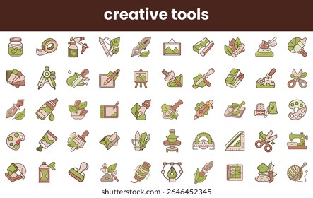 A colorful collection of creative tools, showcasing various art supplies like paint, brushes, and drawing instruments, perfectly arranged for artistic inspiration.