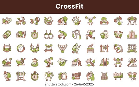 A colorful collection of CrossFit icons featuring diverse exercises and equipment, creating a vibrant atmosphere of fitness and strength.