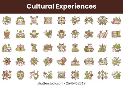 A colorful collection of cultural symbols and icons representing diverse global experiences, showcasing art, community, and tradition in harmonious designs.