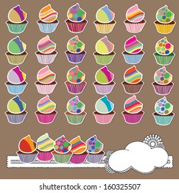 Colorful collection of cupcakes with cute patterns