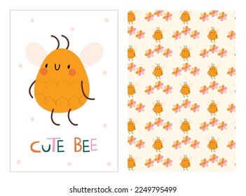 Colorful collection of cute bee. Hand drawn vector bee. Vector pattern with flowers and a bee. Summer honey illustration