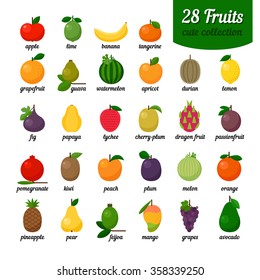 Colorful collection of cute fruits: apple, kiwi, banana, papaya, avocado