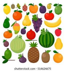 Colorful collection of cute fruits: apple, kiwi, banana, papaya