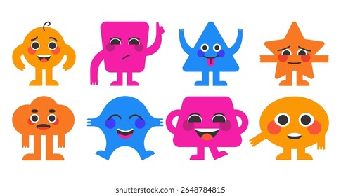 A colorful collection of cute geometric characters with funny faces and various comic emotions. Perfect for children's designs, educational materials, games, and playful illustrations. Isolated