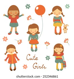 Colorful collection of cute little girls characters. vector illustration