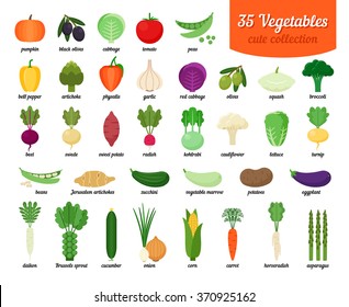 Colorful collection of cute vegetables: garlic, horseradish, peas, beans, eggplant