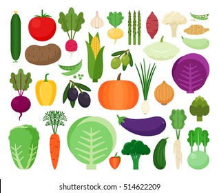 Colorful collection of cute vegetables: garlic, horseradish, peas, beans, eggplant