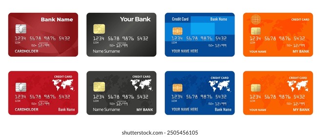 Colección colorida de tarjetas de débito aisladas sobre fondo blanco. Colección de tarjeta de débito. Tarjetas de crédito sobre fondo blanco