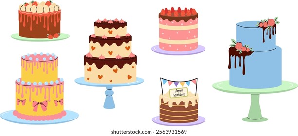 Colorful collection of decorative cakes on display for special occasions