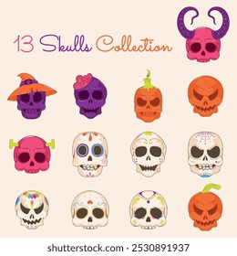 Colorful collection of decorative skull designs, Vector