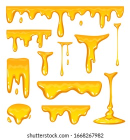 Colorful collection of delicious melted honey drops, sweet splash. Dripping honey set elements isolated on white background. Vector illustration for desserts or cafeteria menu, shop or bakery design