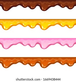 Colorful collection of delicious melted sauce horizontal borders. Dripping honey, chocolate, donut glaze, caramel set elements for desserts or cafeteria menu, shop or bakery design isolated on white 