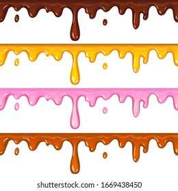 Colorful collection of delicious melted sauce horizontal borders. Dripping honey, chocolate, donut glaze, caramel set elements for desserts or cafeteria menu, shop or bakery design isolated on white 