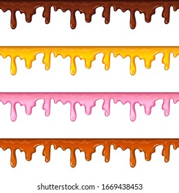 Colorful collection of delicious melted sauce horizontal borders. Dripping honey, chocolate, donut glaze, caramel set elements for desserts or cafeteria menu, shop or bakery design isolated on white 