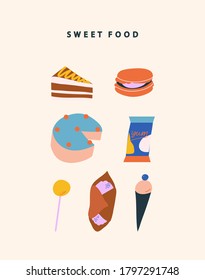 Colorful collection of different sweet food in vector. Piece of cake, macaron, cheesecake, chocolate, lollipop, pastry. Dessert. Confectionery.