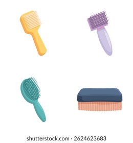 Coleção colorida de diferentes tipos de escovas de cabelo e pentes para o estilo, isolado no branco