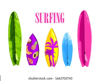 Colorful collection of different types of surfboards in cartoon flat style isolated on white. Extreme sports equipment icons. Summer surfing set of boards with ornament.  