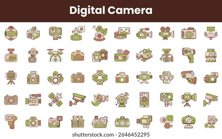 A colorful collection of digital camera icons, showcasing various styles and features, ideal for photography enthusiasts and tech lovers.