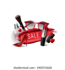 Colorful collection of discounts on fashionable stylish luxury women's accessories, lipstick, shoes, lipstick, perfume, vector design brush. Isolated realistic design