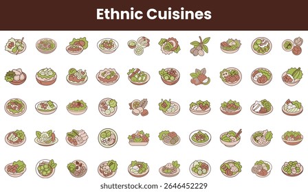Uma coleção colorida de diversas cozinhas étnicas com vários pratos como saladas, envoltórios e pratos, apresentando ingredientes vibrantes e apresentação artística.