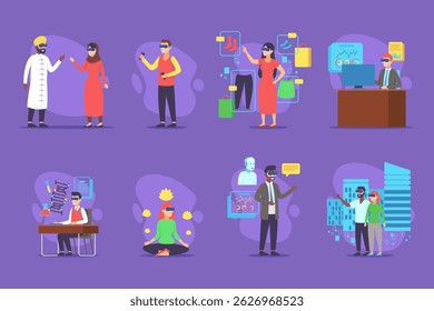 Colorful collection of diverse professionals interacting in different environments from discussing ideas to analyzing data