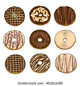 Colorful collection of donuts, nine vector donuts with vanilla and chocolate 