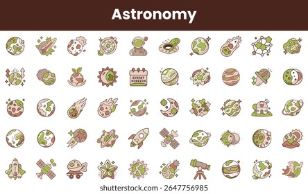 A colorful collection of doodles representing astronomy, featuring planets, rockets, and celestial bodies in a playful design.