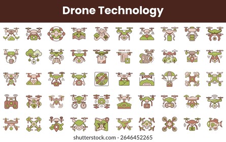 Uma coleção colorida de ícones de tecnologia de drones, apresentando vários projetos e características de drones, incluindo quadcópteros e equipamentos relacionados.
