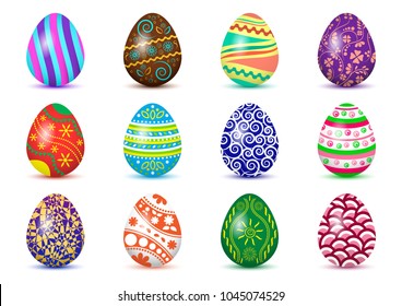 Colorful collection of Easter eggs with colored shadow, isolated on white background. Vector illustration