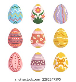 Colorful Collection Of Easter Eggs, Featuring Variety Of Designs And Patterns. Set Is Perfect For Holiday-themed Promotions Or Decorations, Event Or Project. Cartoon Vector Illustration