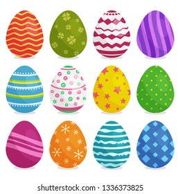 Colorful collection of Easter eggs with shadow isolated on white background. Vector illustration