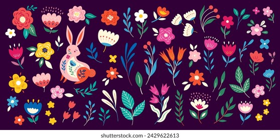 Colorful collection with easter rabbit, flowers and leaves.