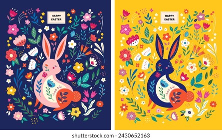 Colorful collection with easter rabbits. Happy easter greeting cards with decorative easter bunny. Notebook covers	