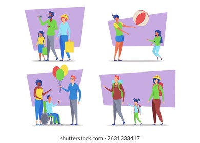 Colorful collection of families engaging in various activities. Parents capturing moments, children playing with beach ball, and others enjoying day out with balloons