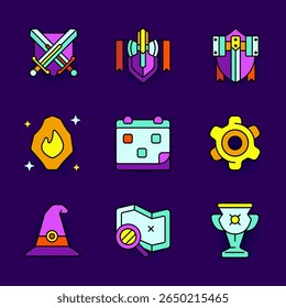 Uma coleção colorida de ícones de jogos de RPG de fantasia, incluindo espadas, escudos, chapéu mágico, mapa, equipamentos e troféus. Ideal para interface de usuário de jogos móveis, temas de aventura de fantasia e recursos de jogos