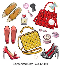 Colorful collection of fashionable stylish luxury women's accessories, cosmetics, shoes, bags and roses for butterflies for vector design. Isolated on background.