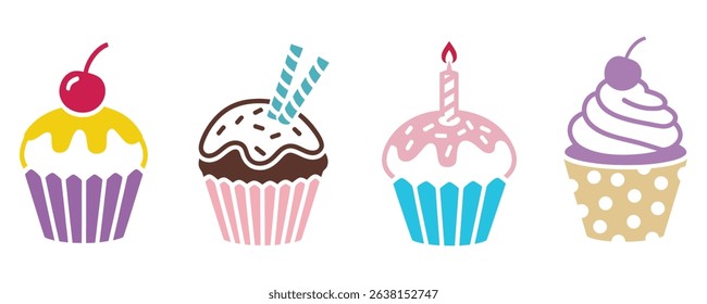 Colorful Collection of Festive Cupcakes with Cherries, Sprinkles, and Candles, Playful Cupcake Graphics Perfect for Birthdays, Parties, and Dessert Themes