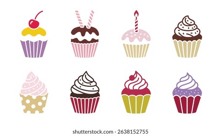 Colorful Collection of Festive Cupcakes with Cherries, Sprinkles, and Candles, Playful Cupcake Graphics Perfect for Birthdays, Parties, and Dessert Themes
