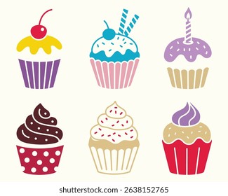 Colorful Collection of Festive Cupcakes with Cherries, Sprinkles, and Candles, Playful Cupcake Graphics Perfect for Birthdays, Parties, and Dessert Themes