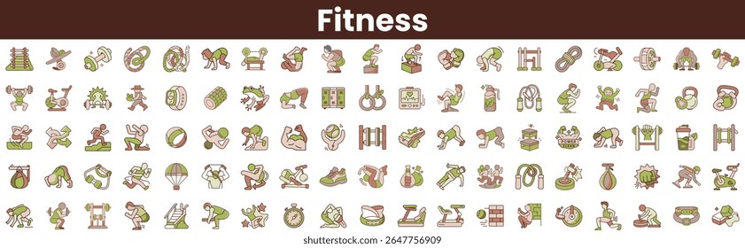 A colorful collection of fitness icons featuring various workout activities, equipment, and exercises, highlighting a vibrant and energetic approach to wellness.