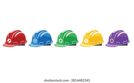 Colorful collection of five safety hard hats in red, blue, green, yellow, and purple featuring distinct construction worker icons.