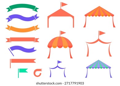 Colorida colección de Elementos de Vector de diseño plano que incluyen Anuncios decorativos, cintas onduladas, varias tiendas de eventos, marquesinas de circo y banderas Pequeñas, perfecto para celebraciones y proyectos gráficos.