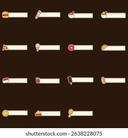 A colorful collection of flat, hand-drawn food icons featuring popular dishes like burgers, pizza, sushi, tacos, ramen, and desserts. Perfect for menus, restaurant branding, cafe promotions, YouTube t