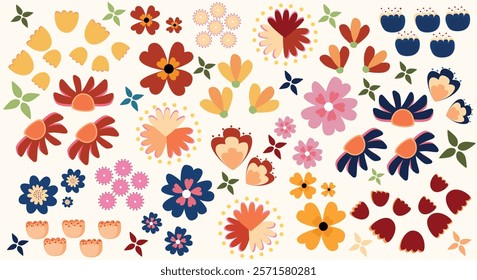 A colorful collection of floral illustrations featuring various flower shapes, petals, and leaves. The design showcases vibrant and playful patterns with a mix of red, yellow, blue, pink, and orange