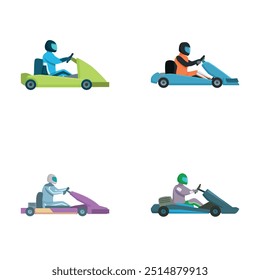 Colorful collection of four cartoon characters racing in gokarts, ideal for leisure and competition themes