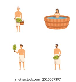 Farbige Kollektion von vier Figuren, die sich mit verschiedenen Saunaaktivitäten beschäftigen, in einem minimalistischen Stil dargestellt