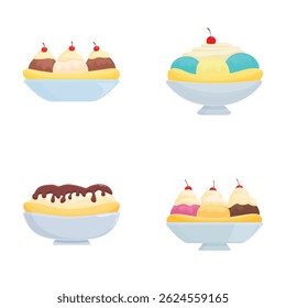 Colorful collection of four different ice cream sundae illustrations with various toppings