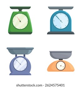 Colorful collection of four different kitchen scales in a modern flat vector illustration
